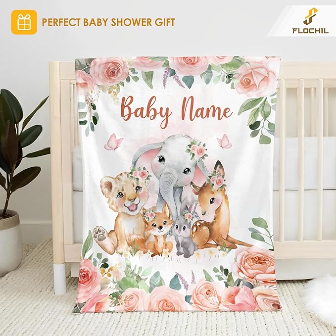 FLOCHIL Personalized Baby Blanket for Girls, Custom Baby Blanket with Name, Customized Baby Products, Gift for Baby, Newborn, Baby Shower (Woodland 2)