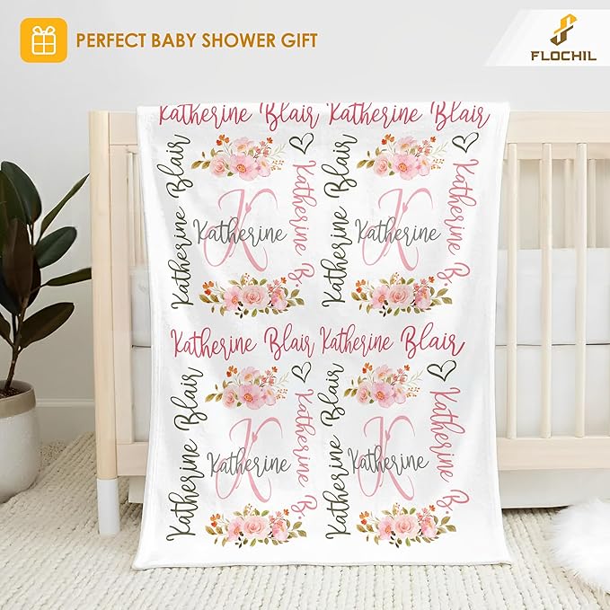 FLOCHIL Personalized Baby Blankets, Custom Baby Blanket - Baby Blanket with Name for Girls, Best Gift for Newborn Floral Plush Fleece (30x40) (Monogram)