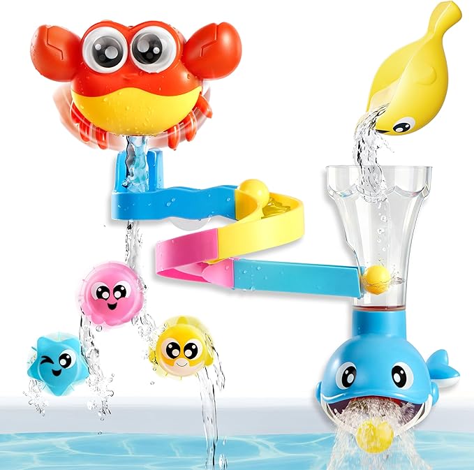 Bath Toys for Kids, 7-in-1 Shower Bathtub Toy with Crab, Whale, Rotating Fish & Slide Track, Interactive Water Play Set with Pour & Spray Fun for Toddlers, Boys & Girls Gifts for Christmas