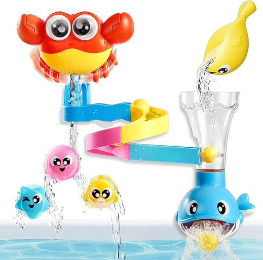 Bath Toys for Kids, 7-in-1 Shower Bathtub Toy with Crab, Whale, Rotating Fish & Slide Track, Interactive Water Play Set with Pour & Spray Fun for Toddlers, Boys & Girls Gifts for Christmas