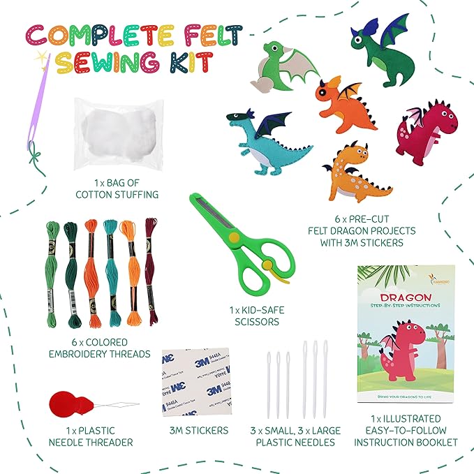 Hummingbird Crafts Sewing Kit for Kids Ages 8-12, Dragons DIY Craft Kits, Christmas Gift, Fun and Educational Sewing Kits for Kids, Sew Your Own Felt Animals