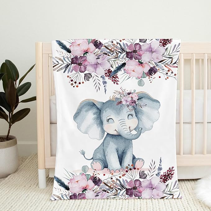 Elephant Baby Blanket, Purple Floral Baby Girl Blankets, Blanket for Girls, New Mom Newborn Gift. Birthday