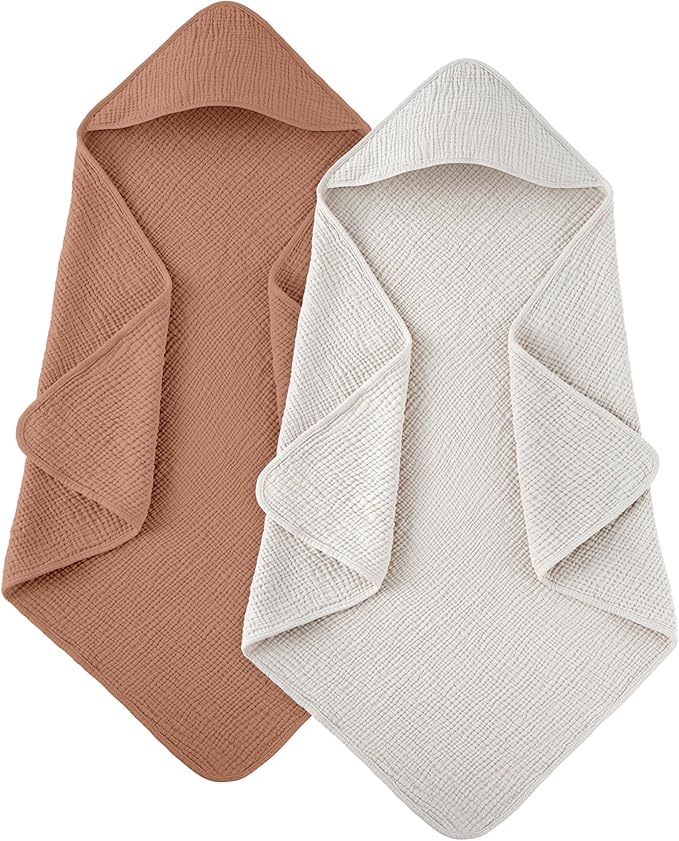 Susurration Hooded Baby Towels for Newborn 2 Pack 100% Muslin Cotton Towel for Babies，Highly Absorbent and Newborn Essential 30x30 Inch (Brown)