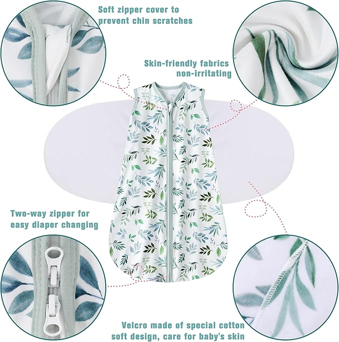 Newborn Sleep Sack Baby Swaddle,Swaddle me 6-12 Month,3-Way Adjustable Wearable Blanket,100% Rayon Cotton Swaddling Sleeping Bag，TOG 0.5 (Leaf, 6-12 Months)