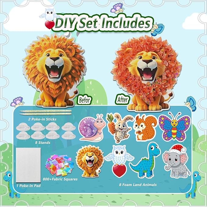 mom&myaboys Poke A Dot Art Kit - Animals Theme with Snail, Lion, Owl, Squirrel, Butterfly | No-Mess Sewing Craft for Kids Ages 4-8 | Creative Toys for Girls & Boys | Fun Gift for Birthday, Christmas
