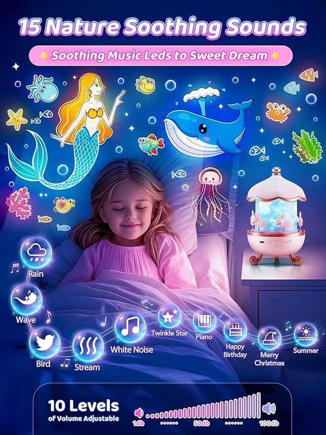 Carousel Night Light for Kids, 15 Music+15 Films+315 Colors Star Projector for Kids Night Light Projector,360°+Remote+1200mah Star Lights for Ceiling,Unicorn Toys for Girls Room Decor Christmas Gifts