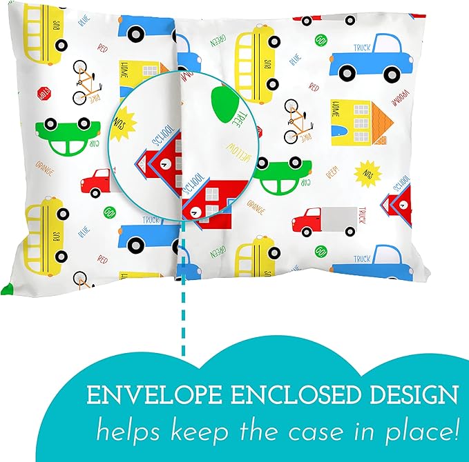 Little Sleepy Head Toddler Pillow with Pillowcase 13x18 - Kids Pillow for Sleeping - Better Neck Support Ergonomic Pillow and Toddler Pillowcase - Best Pillows for Kids(Trucks 'N Cars)