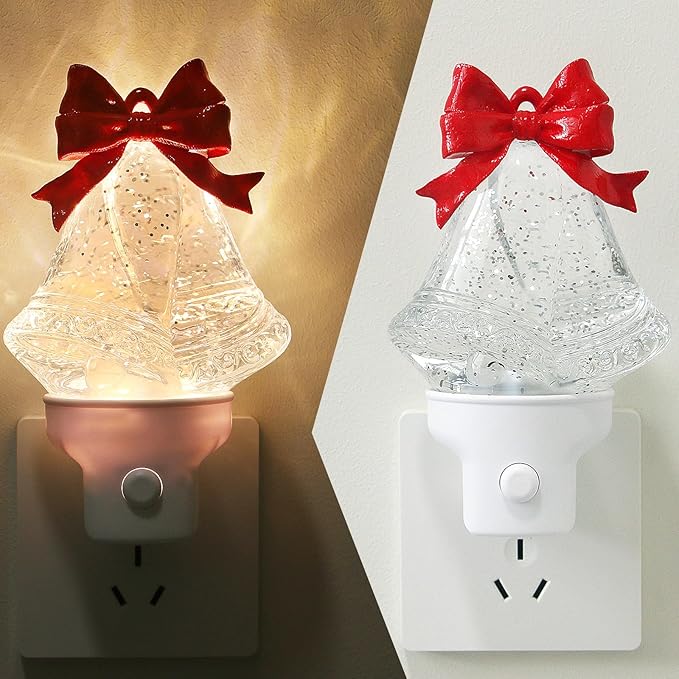 Christmas Night Light Plug into Wall Swirling Glitter USB Portable Christmas Decorative Night Light Decoration for Kids Adults Bedroom Kitchen Living Room Holiday Decor (Bells)