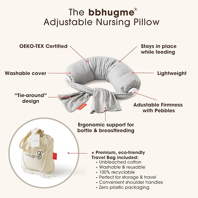 bbhugme Adjustable Nursing Pillow - Breastfeeding, Bottle Feeding, Baby Support - Adjustable Firmness and Fit - Washable Pillow Cover - Grey Melange…