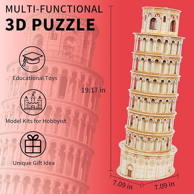 3D Puzzles for Adults & Kids, Exquisite Leaning Tower of Pisa City Large Architecture Building Model Kit, 3D Jigsaw Craft Kits STEM Educational Toys Birthday for Boys Girls Ages 10+ Home Decor, 70 PCS