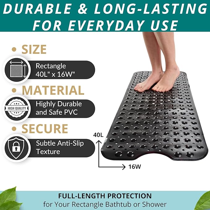 ENKOSI Bath Mat – 40 x 16 Inch Extra Long Non Slip Bathtub Mat – Anti Slip Black Shower Mat with Suction Cups – Bathroom Mat for Tub and Smooth Shower Floors (Black 40x16)