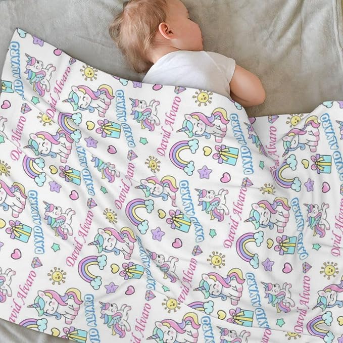 Ship Next Day, Personalized Baby Blanket for Boys Girls - Printed in USA, Custom Name Toddler Blanket with Rainbow Horse Pattern, Perfect Newborn Gift