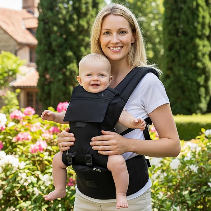 Baby Carrier Newborn to Toddler, 6-in-1 Baby Carrier with Hip Seat Lumbar Support 7-45lbs, Baby Soft Carrier for All Seasons & Positions, Adjustable Size for Shopping Hiking Travelling Black