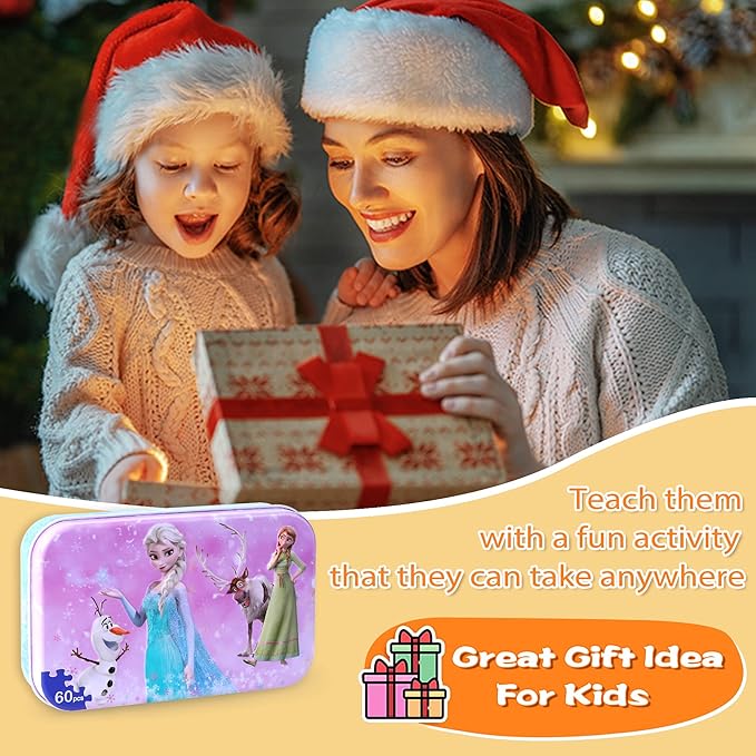 LELEMON Pretty Girl Puzzles for Kids Ages 4-6, Snowman 60 Piece Puzzles for Kids Ages 3-5,Children Jigsaw Puzzles in a Metal Box,Educational Learning Puzzle Toys for Girls and Boys