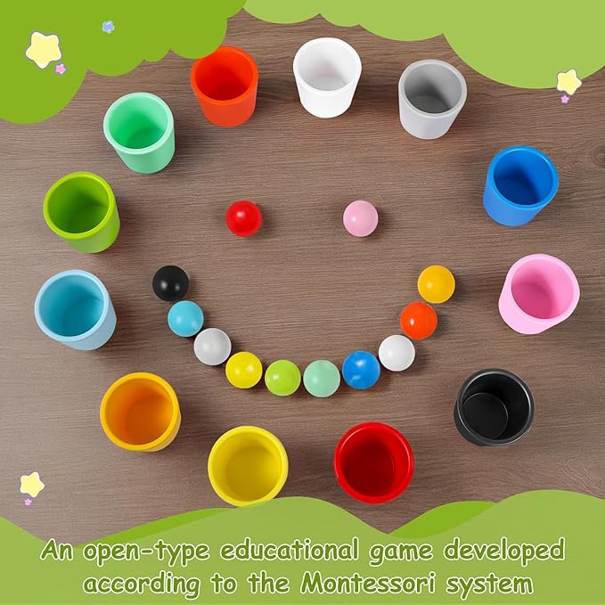 Rainbow Balls in Cups Toddler Montessori Toys - Color Sorting Toys for Toddlers for 3 Year Old Up, Learning Color Sorting and Counting, Kids Preschool Wooden Matching Games (12 Balls, 1.4 in)