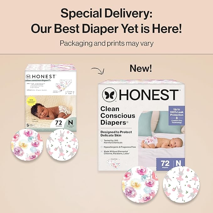 The Honest Company Clean Conscious Diapers for Delicate Skin, Up to 100% Leakproof Hypoallergenic Fragrance-Free Baby Diapers, Girl Prints, Club Box, Size Newborn, 72 Count (Prints May Vary)