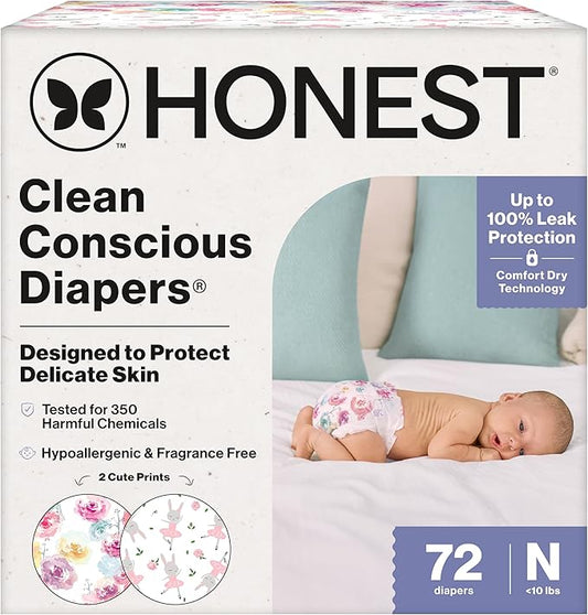The Honest Company Clean Conscious Diapers for Delicate Skin, Up to 100% Leakproof Hypoallergenic Fragrance-Free Baby Diapers, Girl Prints, Club Box, Size Newborn, 72 Count (Prints May Vary)