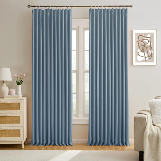 KEQIAOSUOCAI Pinch Pleated Blackout Curtain Drapes for Window 90" L - Triple Weave Energy Saving Thermal Room Divider Blackout Panels for Patio (72" Wide per Panel, 2 Panels, Dusty Blue)