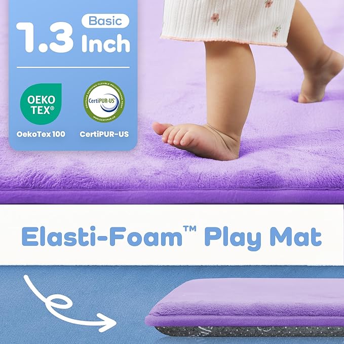 1.3" Thick Baby Floor Play Mat 50x50, Basic Padded Foam Mat for Tummy Time Crawling, Non Slip Cushioned for Babies Toddlers Infants Kids (Violet)