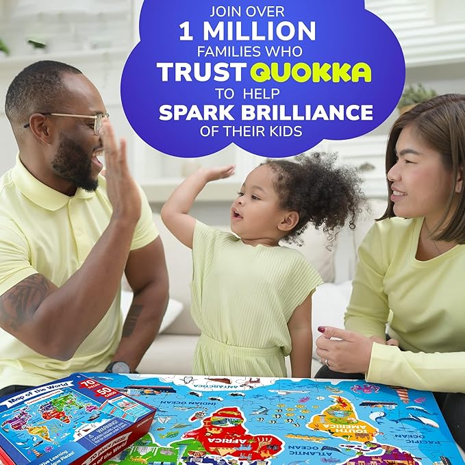 QUOKKA World Map Puzzles for Kids Ages 4-6 - 70 Pcs Floor Puzzles for Kids Ages 4-8 Preschool Activities - Includes 50 Cards with 400+ World Facts - Continent-Shaped Jigsaw Puzzle Gift for Girls Boys