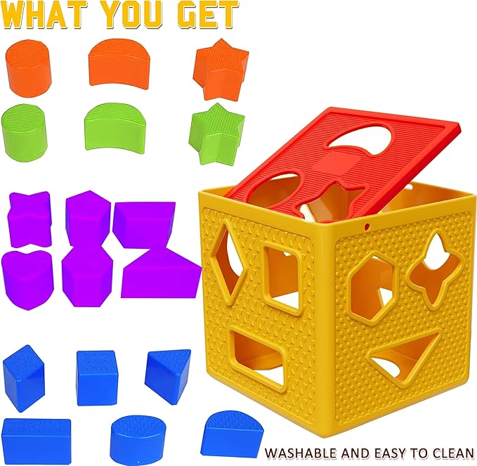 Shape Sorter Toddler Learning Toys - 19 Pcs Classic Kids Toys Blocks for Toddlers 1-3, Color Recognition, Sorting and Matching Activity Cube for Baby Games
