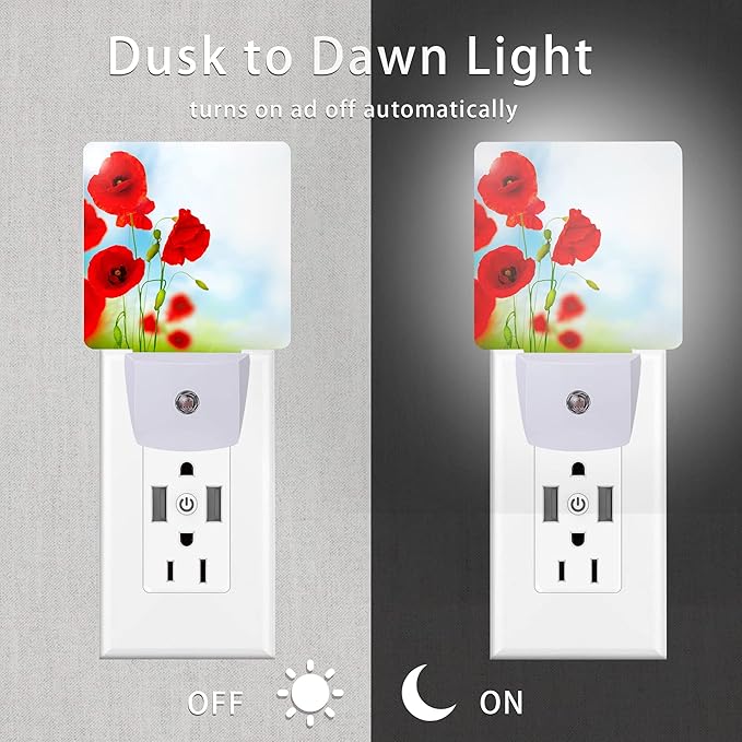 Red Poppy Flower Night Light,Plug into Wall Night Lights 0.5W Sleep Friendly for Boys Girls Led Night Light Dusk to Dawn Sensor Nightlight for Stairway/Hallway/Kitchen