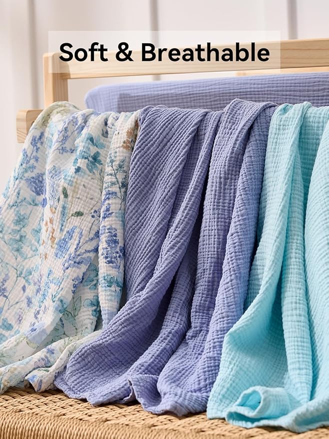 TILLYOU 3 Pack Muslin Swaddles for Newborns Baby Blankets for Girls Boys Cotton Swaddle Blankets 47"X47", Blue Flower