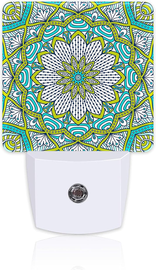 Vintage Mandala Flower Night Light Plug into Wall, Green Mandala Floral Dusk to Dawn Night Light,0.5w Energy Saving Sleep Friendly Nightlights for Kids Boys Girls Home Decor
