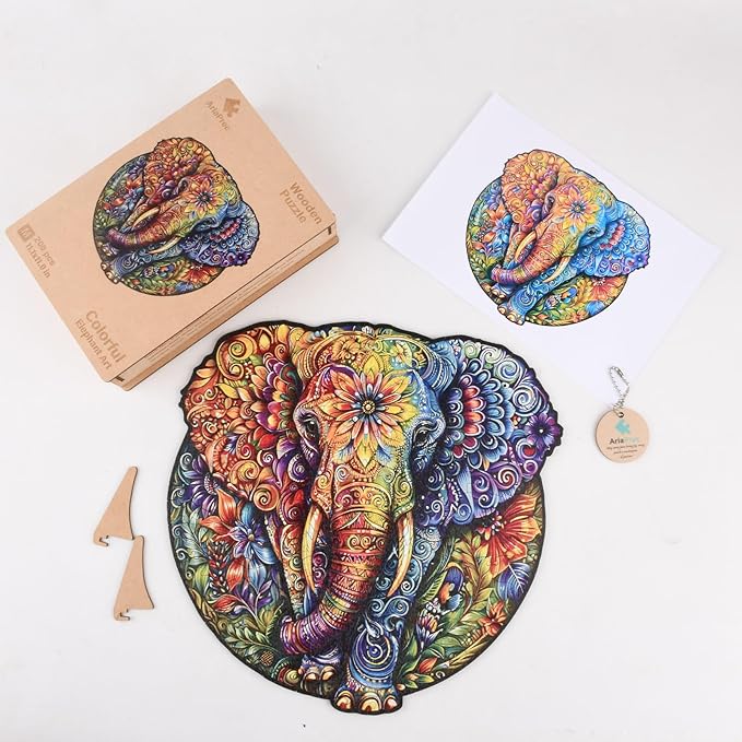 Wooden Jigsaw Puzzle for Adults - Mandala Elephant Unique Animal Shaped, 13.3x13.2in, 300 Pieces, Zen Art, Challenging and Fun Gift