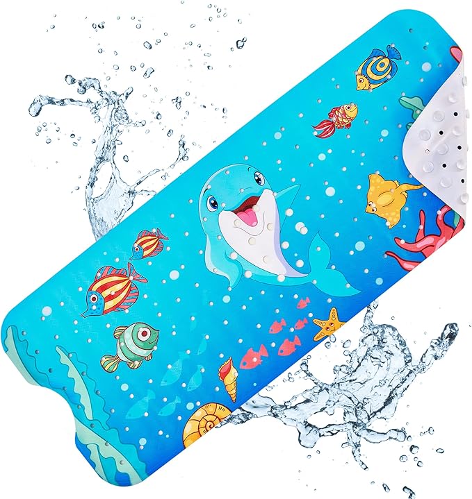 Vannokor Baby Bath Mat for Tub Non Slip Kids, 40 X 16 Inch Extra Long Bathtub Mat with Drain Holes and Suction Cups, Anti Slip Shower Mat Machine Washable, Dolphin