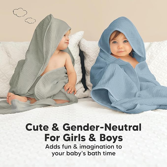 KeaBabies Muslin Hooded Baby Towels for Newborn Girls, Boys - 2-Pack, 30x30 Organic Cotton Baby Bath Towels Hooded, Soft Absorbent, Toddlers, Kids, Infant, Newborn Bath Essentials (Steel, Petite)