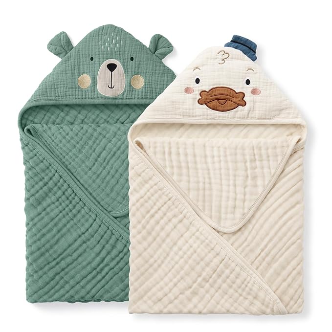 Blissful Diary Muslin Baby Hooded Towel 2 Pack, Soft & Absorbent Bath Towel for Infant, Toddler, Unisex, Baby Gift, Newborn Essentials, Bear & Duck