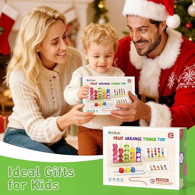 Montessori Toys for 3 4 5 Year Old, Wooden Fruit Toddler Stacking Toys, Stacking Blocks & Lacing Beads & Shape Sorter Toy for Toddler, STEM Preschool Learning Toys for Kids Boys Girls