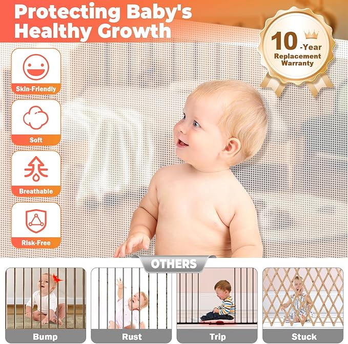 Retractable Baby Gates Dog Gate - 200" Extra Wide Expandable Child Safety Gate, 37" Tall Toddler Pet Mesh Gate with Reinforced Strips for Doorways, Stairs, Hallways, Outdoor & Indoor Large Openings