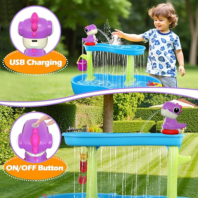 Dinosaur Water Table Pump Continuous Flow - Rechargeable Water Pump for Water Table Accessories - Summer Outdoor Water Play Toys - Battery Powered Water Pump Outside (Purple)