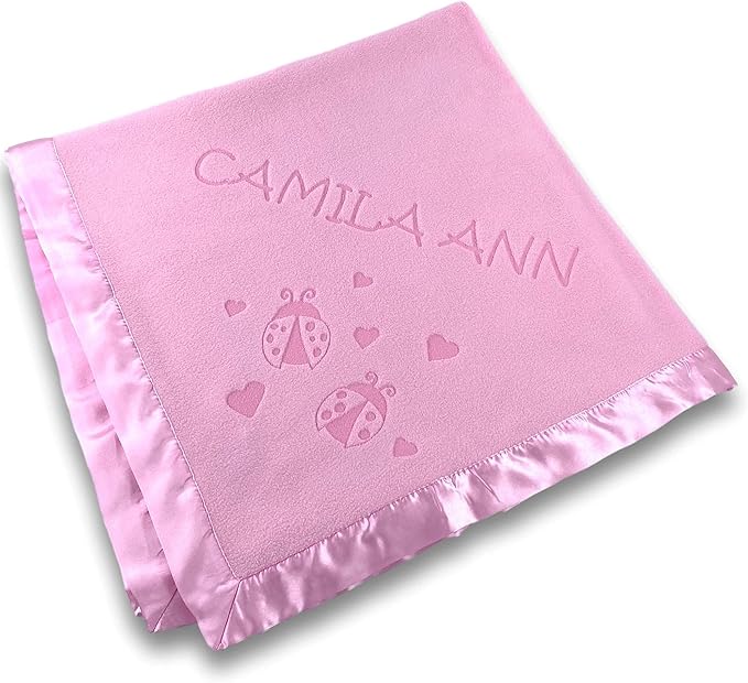 Custom Catch Personalized Girl Pink Baby Blanket Gift with Flower, Ladybug, Bee or Butterfly