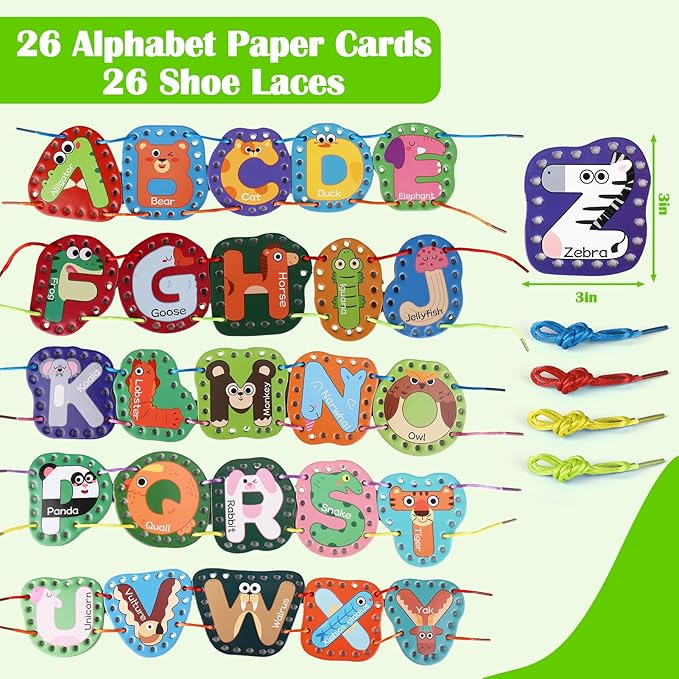 Vodolo 26pcs Lacing Cards,Travel Sewing Kit for Kids,Lacing Letters Sequencing Cards Threading Toy,Double Sided Sewing Cards Fine Motor Skills Threading Learning Toys,Classroom Must Haves Supplies