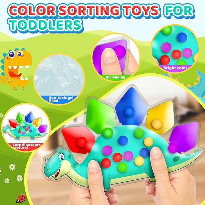 Dinosaur Color Sorting Sensory Toy Christmas Stocking Stuffers for Toddler Activities Fine Motor Matching Game Roadtrip Travel Essential Autism Fidget for Preschool Classroom Gift for Kid 3-5 Year Old
