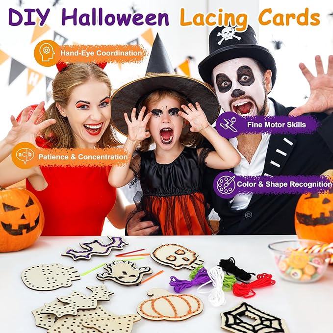 Lacing Cards, 24 Pcs Sewing Cards, Yarn & Needles, Halloween Sewing Crafts for Boys Girls, Fine Motor Skills Threading Crafts for Halloween Party Favors Classroom Activities Art Project Supplies