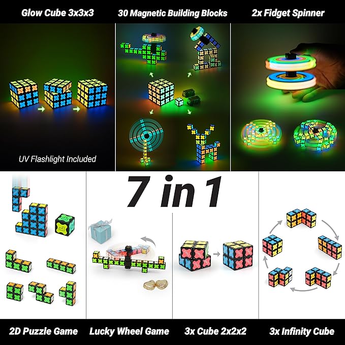 TOSY Magnet Cube 3x3 - 30 Blocks, 240 Magnets, Multipurpose: Creative Building Blocks, Transformable Fidget Spinner, Puzzle/Infinity Cube, Christmas Stocking Stuffers, Glowing STEM Toy, 2-Pack