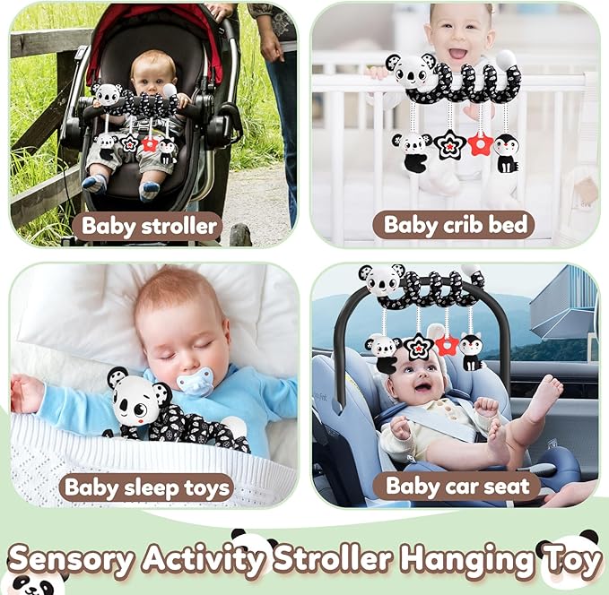 Baby Carseat Toy Black & White Rattle Spiral Hanging Activity Stroller Toy for Newborns Boys and Girls - Coala