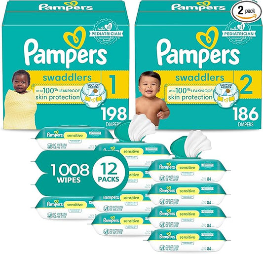 Pampers Baby Diapers and Wipes Starter Kit, Swaddlers Disposable Sizes 1 (198 Count) & 2 (186 Count) with Sensitive Water Based 12X Multi Pack Pop-Top Refill (1008 Count)