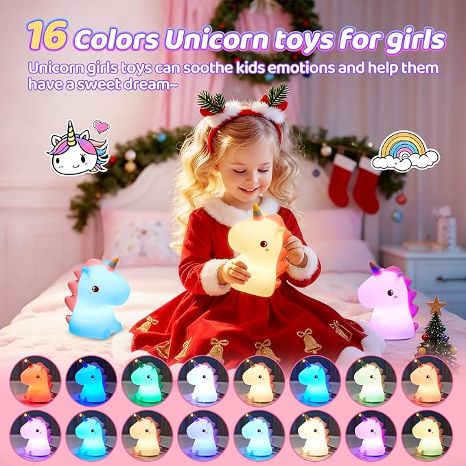 Unicorn Toys for Girls Age 4-6, 16 Colors Night Light for Kids Night Light, Silicone+Dimmable Toys for Girls, Toddler, Baby, Rechargeable Nightlight for Kids Room
