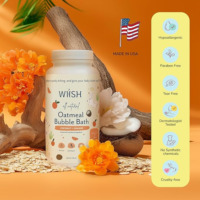 WIISH Baby Oatmeal Bubble Bath - Baby Bubble Bath for Sensitive Skin with 30% Colloidal Oatmeal | Orange + Coconut | Healing Ingredient, Soothing Itchiness, Rashes, Dryness 16 oz(260g)