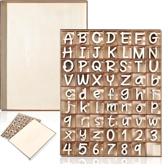 Geelin 248 Pcs 1 Inch Wood Alphabet Letters Numbers with Storage Box Blank Unfinished Wooden Letters Numbers with Rustic Storage Tray for Spelling Learning Education DIY Crafts