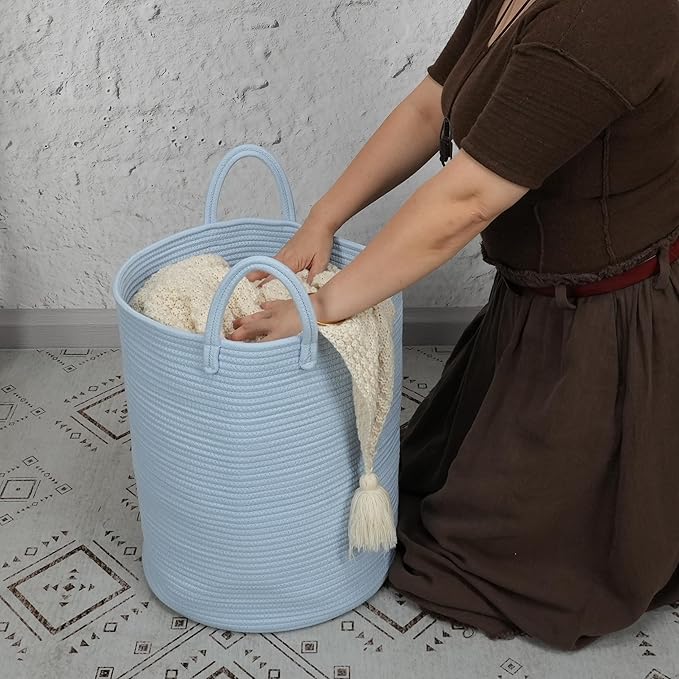 Cotton Rope Laundry Basket Hamper for Clothes Woven Storage Basket for Living Room Bedroom Boho Tall Rope Baskets for Blanket Toys Pillow Towels Baby Nursery Hamper Bin light blue