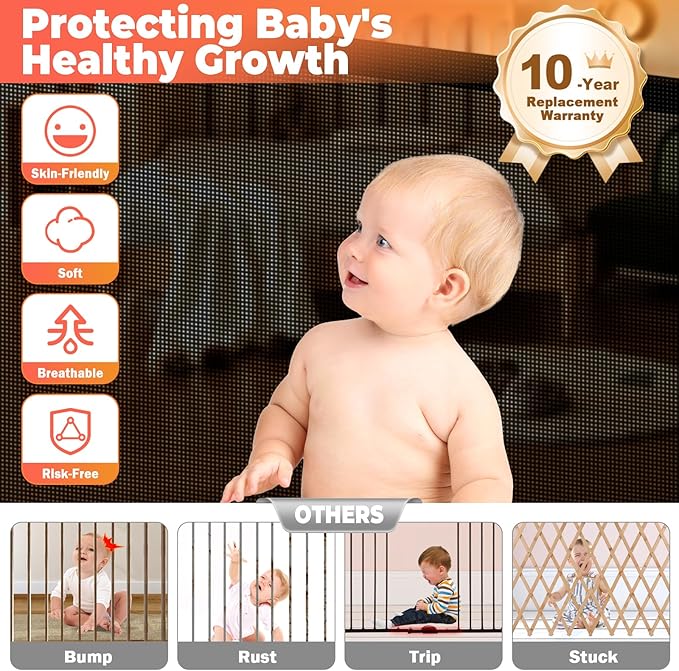 Retractable Baby Gates Dog Gate - 200" Extra Wide Expandable Child Safety Gate, 37" Tall Toddler Pet Mesh Gate with Reinforced Strips for Doorways, Stairs, Hallways, Outdoor & Indoor Large Openings