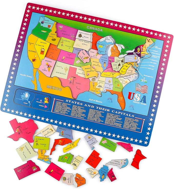 Wondertoys 46 Pieces Wooden USA Map Puzzle for Kids US Map Puzzle Educational Geography Puzzles United States Map Puzzle for Boy Girl