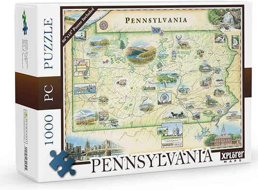 Pennsylvania State Map Cardboard Jigsaw Puzzle - 1000 Pieces, Hand-Illustrated - Educational, Family Activity, Ages 8+, Includes Poster - 25.4 x 19.8