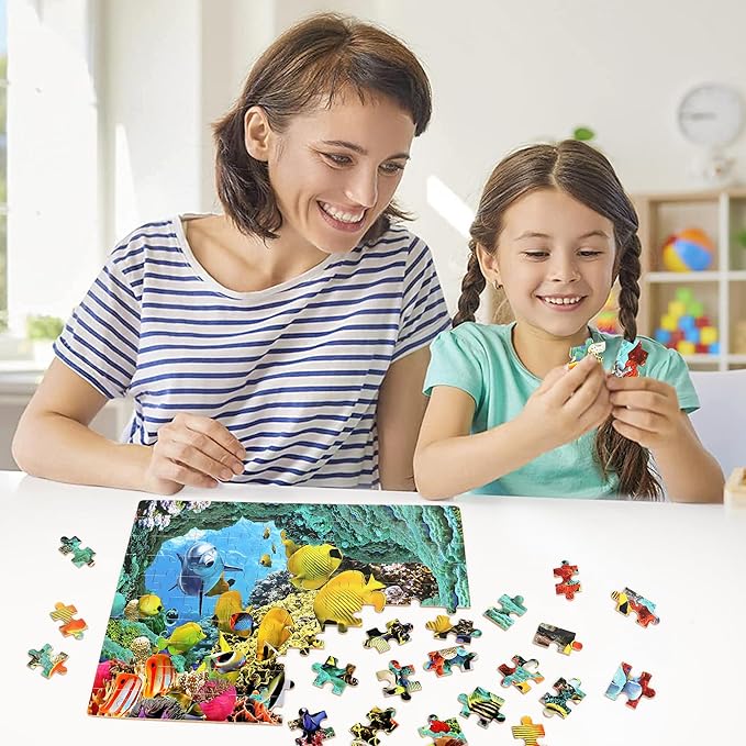 LELEMON 100 Pieces Underwater World Jigsaw Puzzles for Kids Ages 4-8 Year Old Dolphins Fishes Jigsaw Puzzle for Children Boys Girls Learning Ocean Educational Puzzles Toys